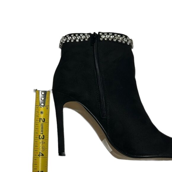 Express Black Faux Suede Ankle Booties Heeled Boots Gemstone Top Pointed Toe - Picture 8 of 9